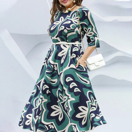 Fashion Printed Round Neck Belted Long Dresses